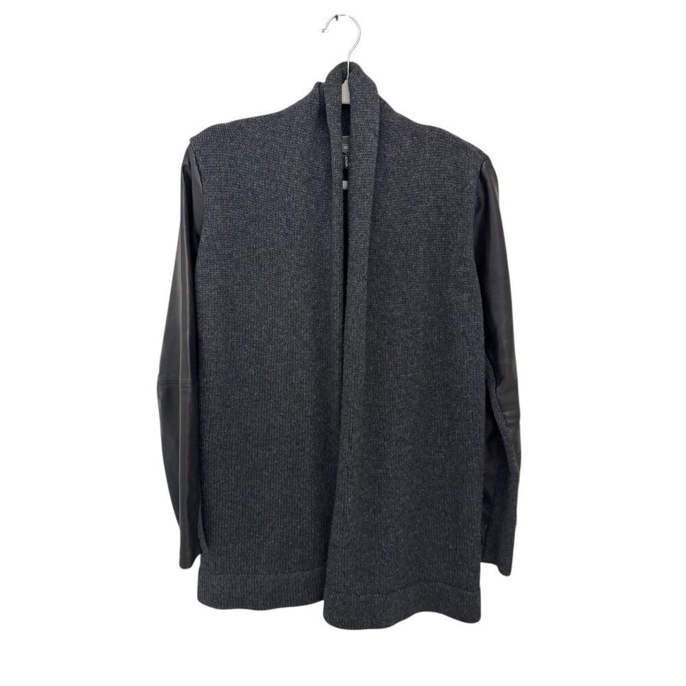 VINCE Wool Yak Blend Lamb Leather Sleeve Open Front Cardigan Gray Size XS